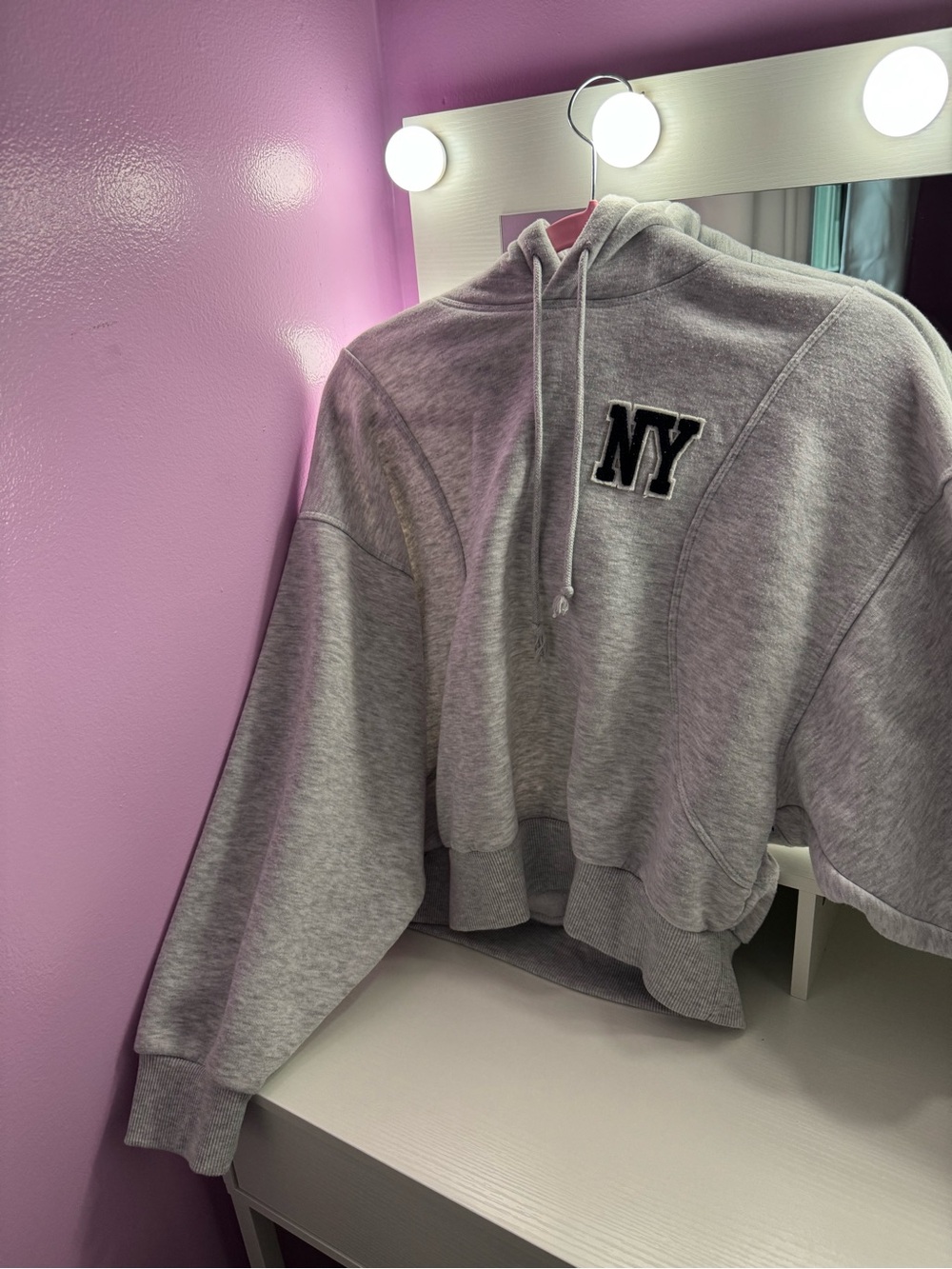 Zara Gray Cropped Hoodie Sweater with NY Patch